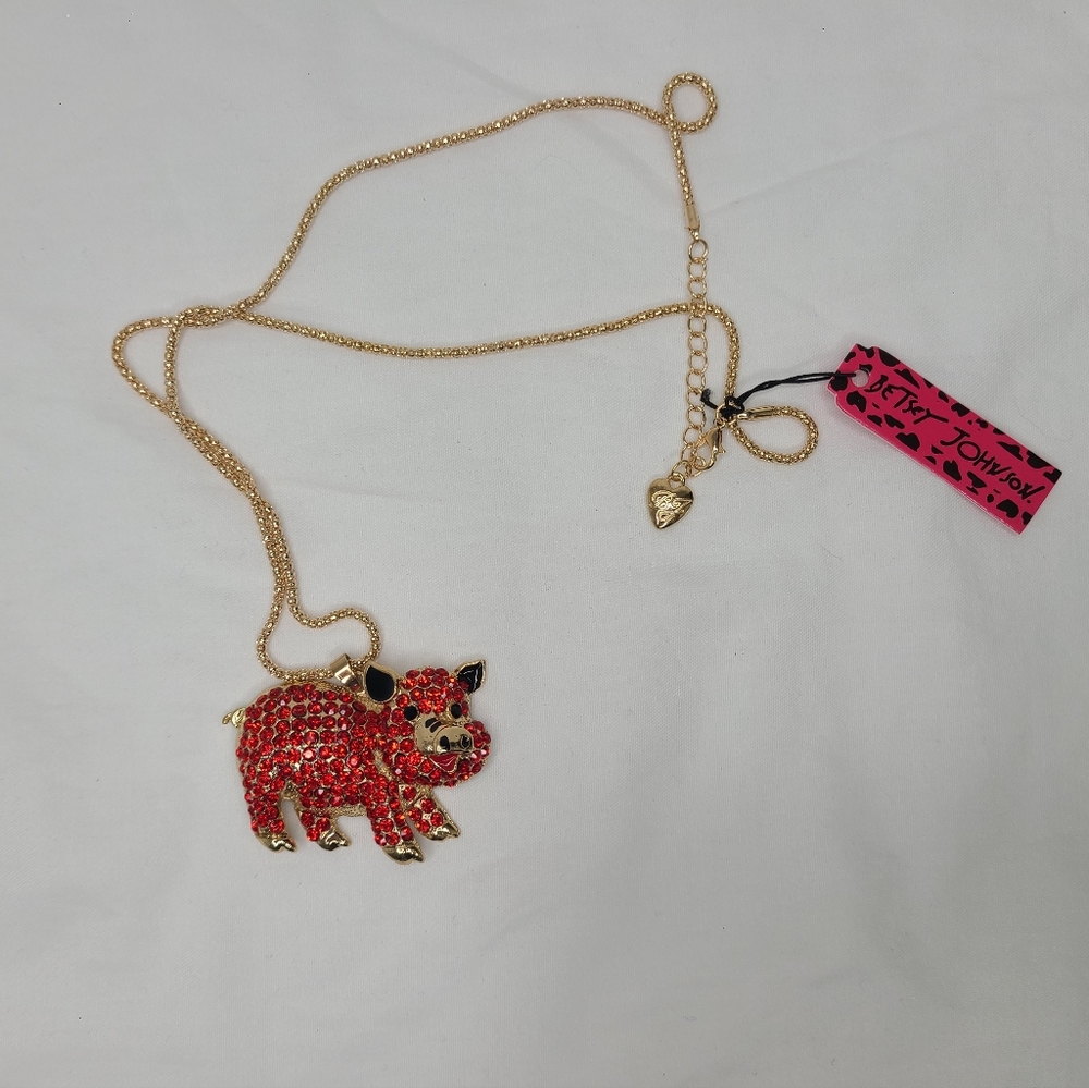 Betsey Johnson Cute Red Crystal Pig Pendant Chain Necklace NWT
